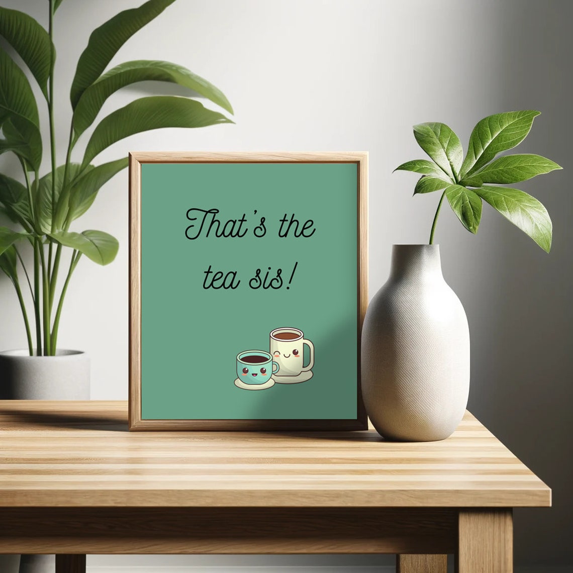 Thats The Tea Sis Cute Kawaii Coffee Cups Bright Green Wall Print - Image 2