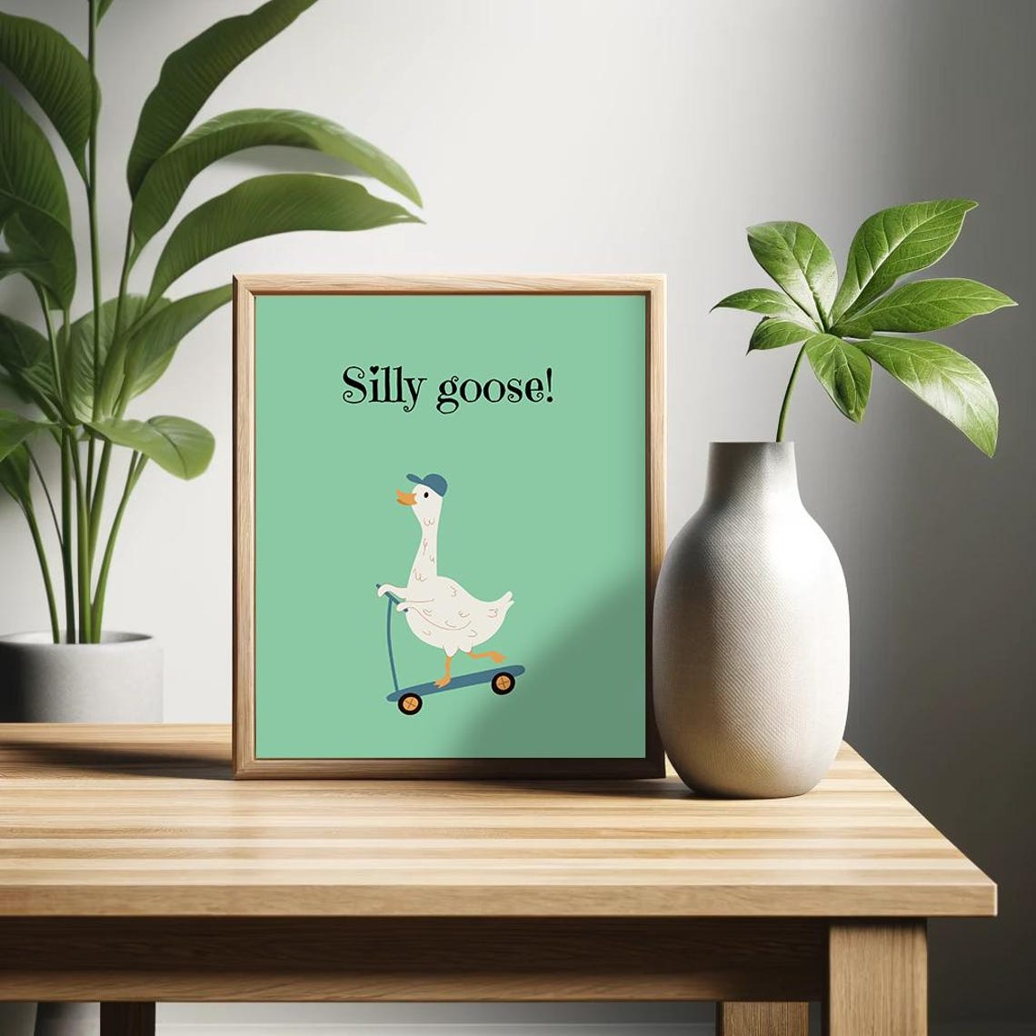 Silly Goose Riding Scooter Mint Green Funny Cute Animal Poster