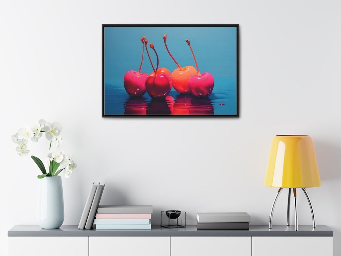 Glossy Red Cherries Water Minimalist Teal Background Fruit Art Poster