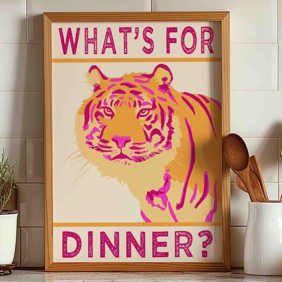 Hot Pink Tiger Whats For Dinner Retro Kitchen Wall Poster Art