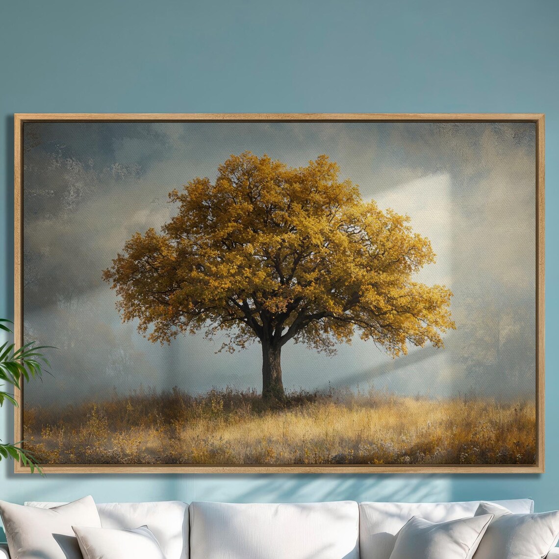 Lone Autumn Tree With Golden Leaves In A Misty Field Scene Poster