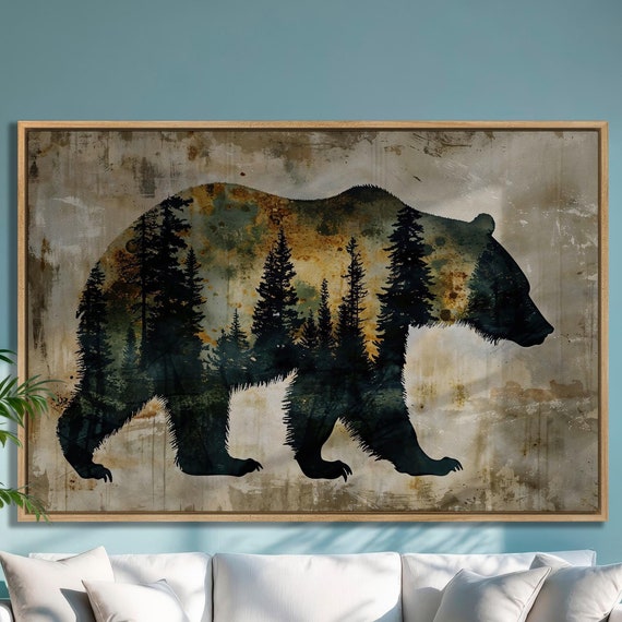 Bear Silhouette and Pine Forest Double Exposure Art Print