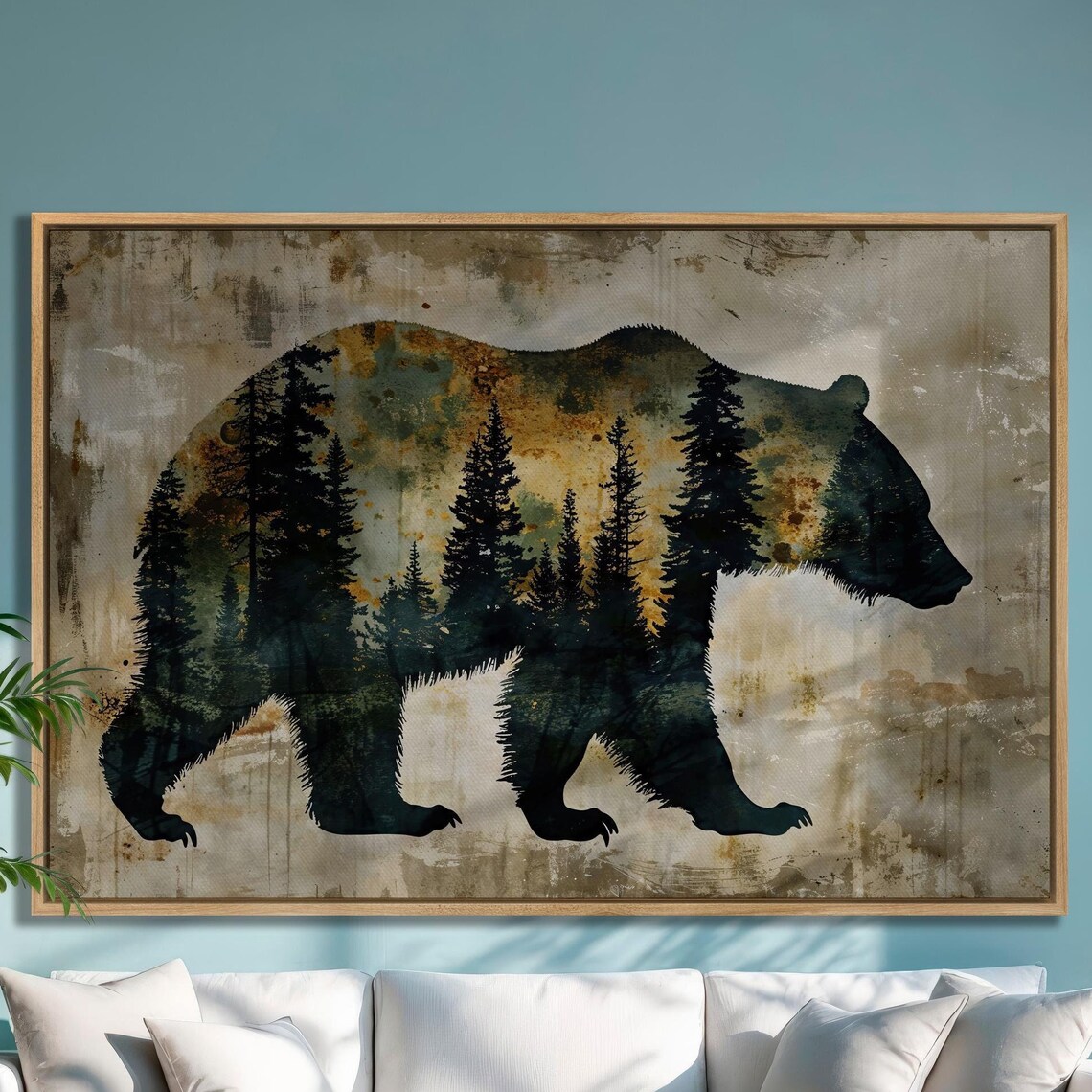 Bear Silhouette and Pine Forest Double Exposure Art Print