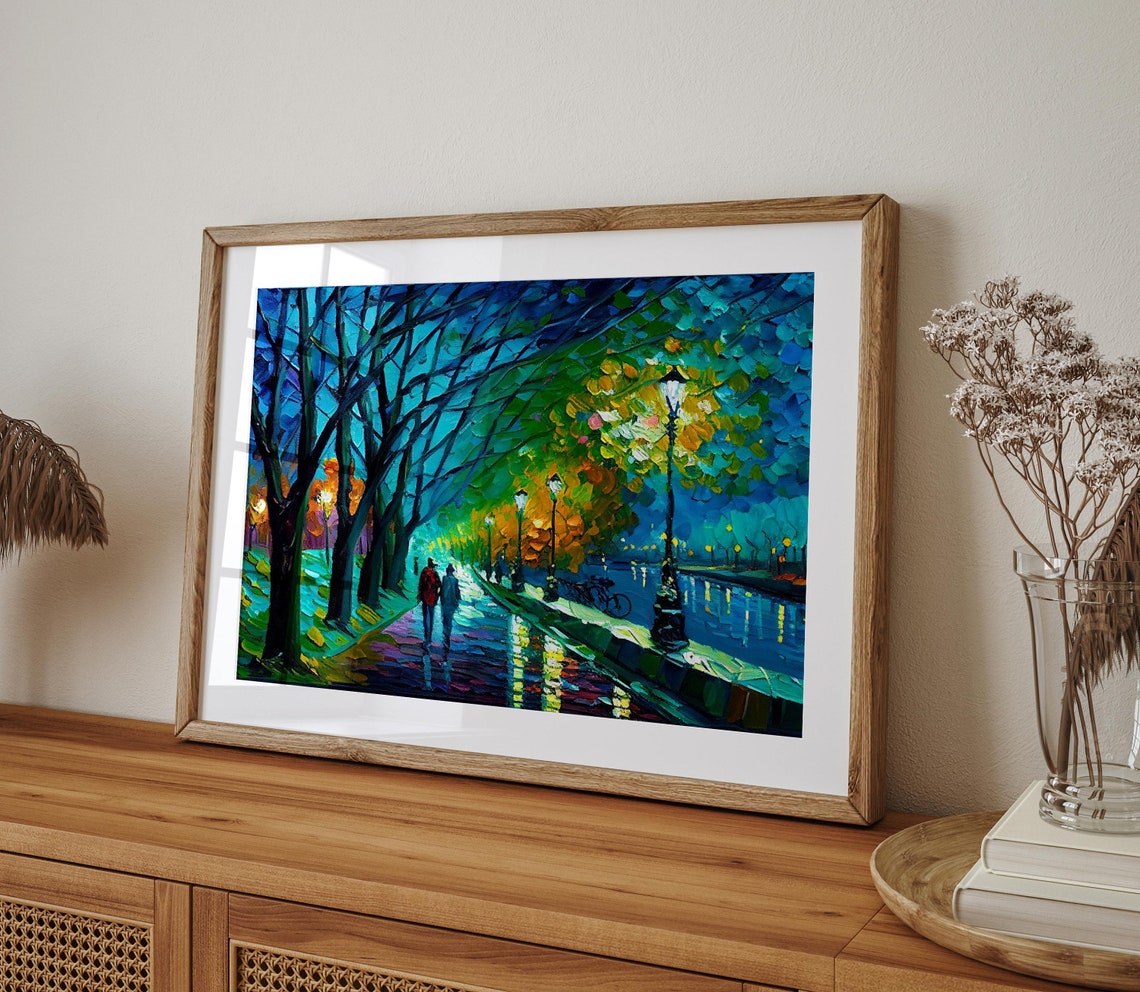Night Lake Path Lampposts Couple Palette Knife Romantic Art Poster - Image 3