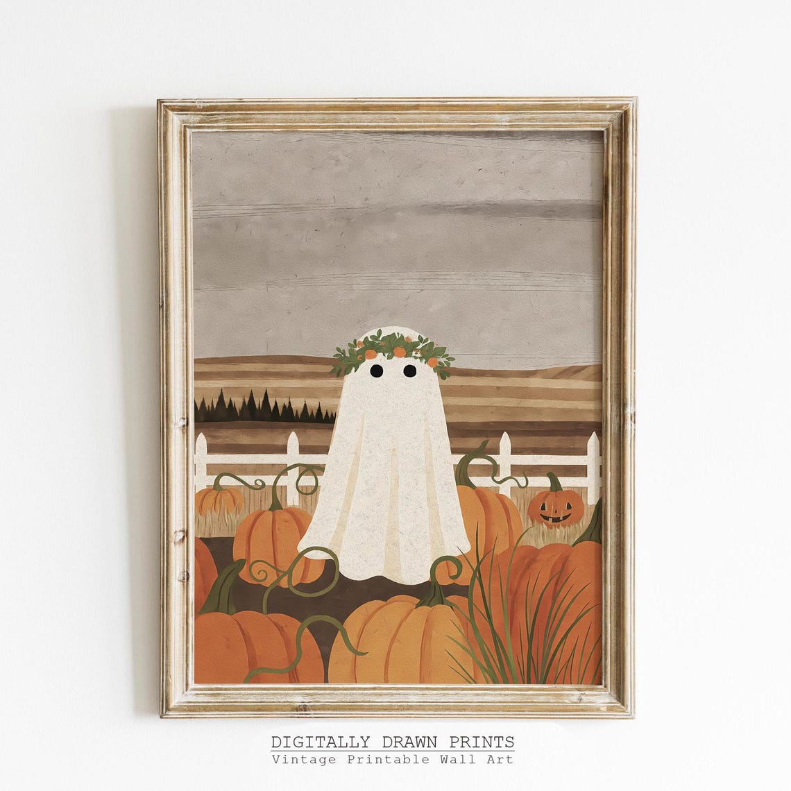 Cute Ghost With Pumpkin Crown In Fall Pumpkin Patch Vintage Poster