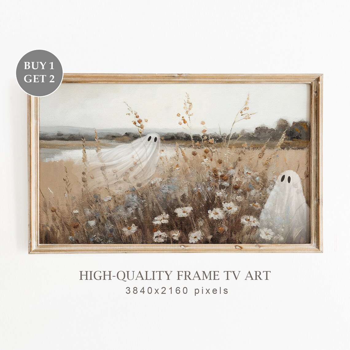 Halloween Wildflower Field Ghost Art, Vintage Fall Landscape