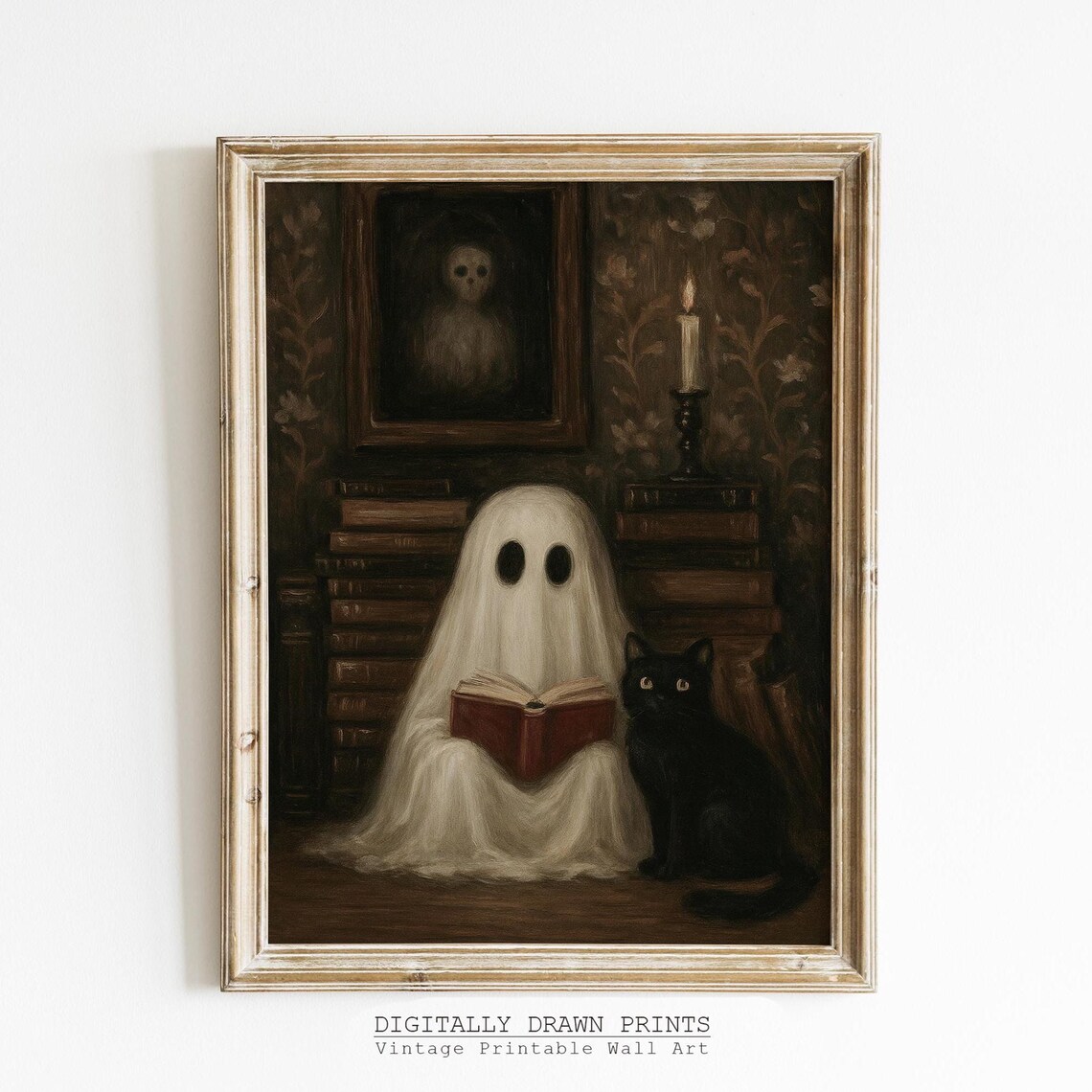 Vintage Halloween Black Cat Art Print, Dark Academia