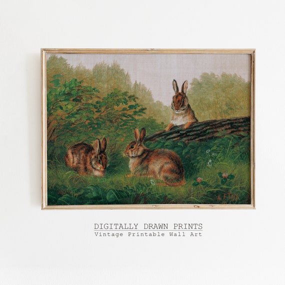 Easter Bunnies Wall Art Holiday Easter Decor Print Moody Farmhouse Wall Decor Country Art Print Vintage Art Instant