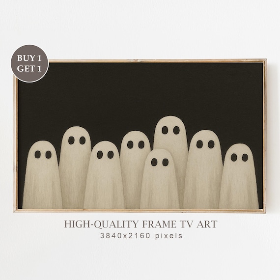 Cute Ghosts Halloween Frame Tv Art Vintage Spooky Wall Decor Minimal Black And White Fun For Kids Room