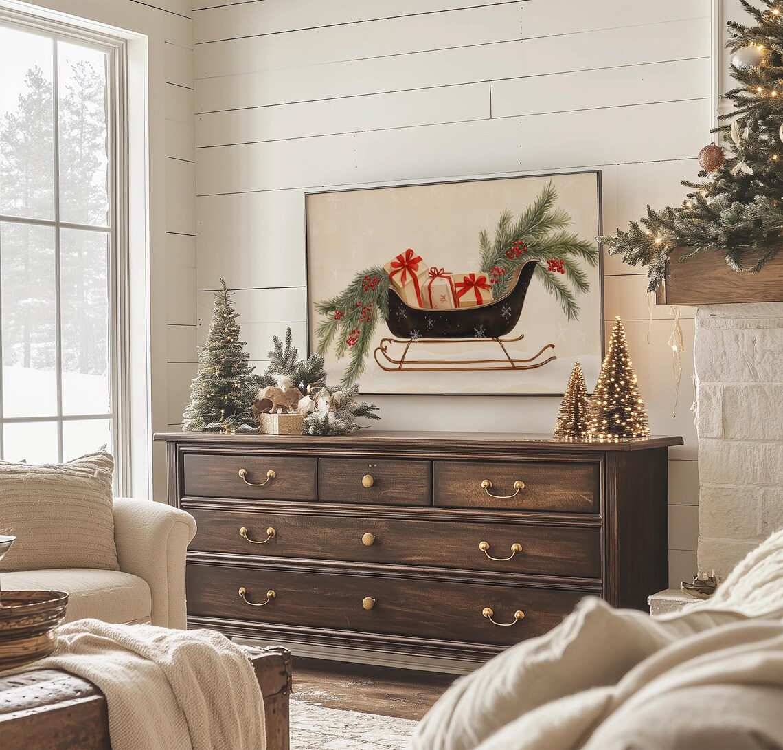 Neutral Christmas Sleigh Art Print, Vintage Farmhouse - Image 4