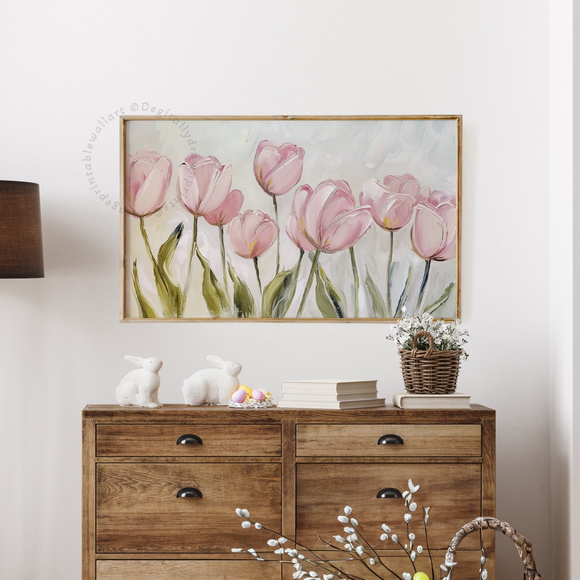 Pink Tulips on Cream Background Painterly Spring Floral Art Print - Image 3