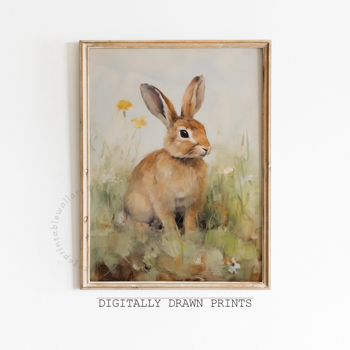 Brown Bunny Misty Green Meadow Yellow Flowers Vintage Oil Print
