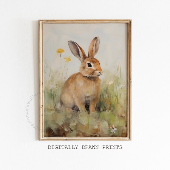 Brown Bunny Misty Green Meadow Yellow Flowers Vintage Oil Print