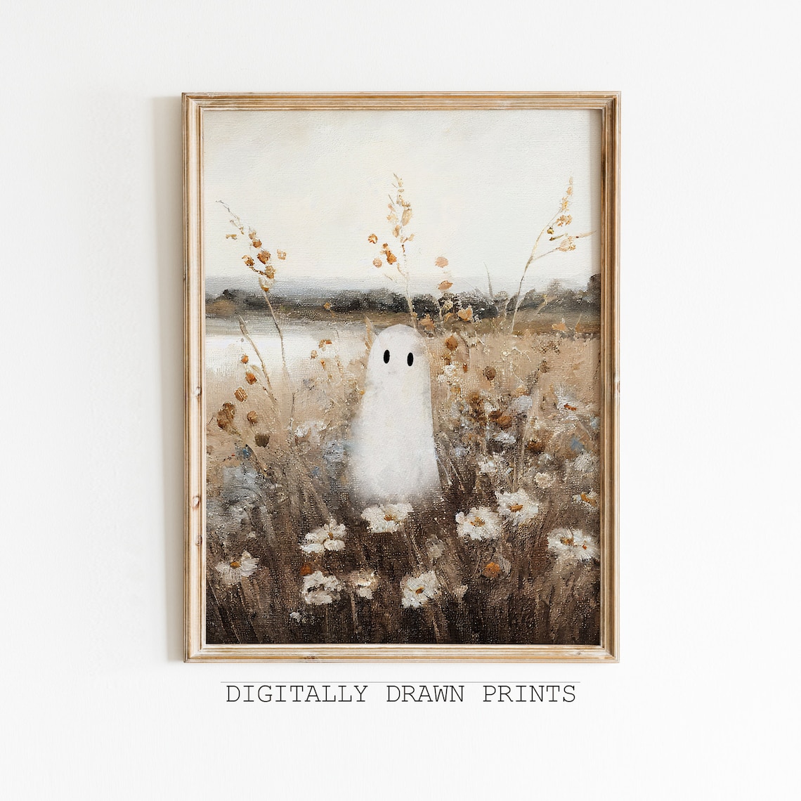 Cute Ghost On A Flower Meadow Vintage Halloween Print