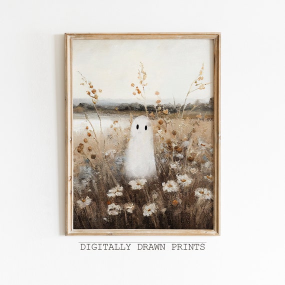 Cute Ghost On A Flower Meadow Vintage Halloween Print