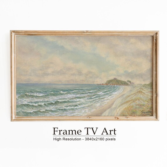 Rolling Ocean Waves Sandy Beach Green Headland Vintage Seascape Poster