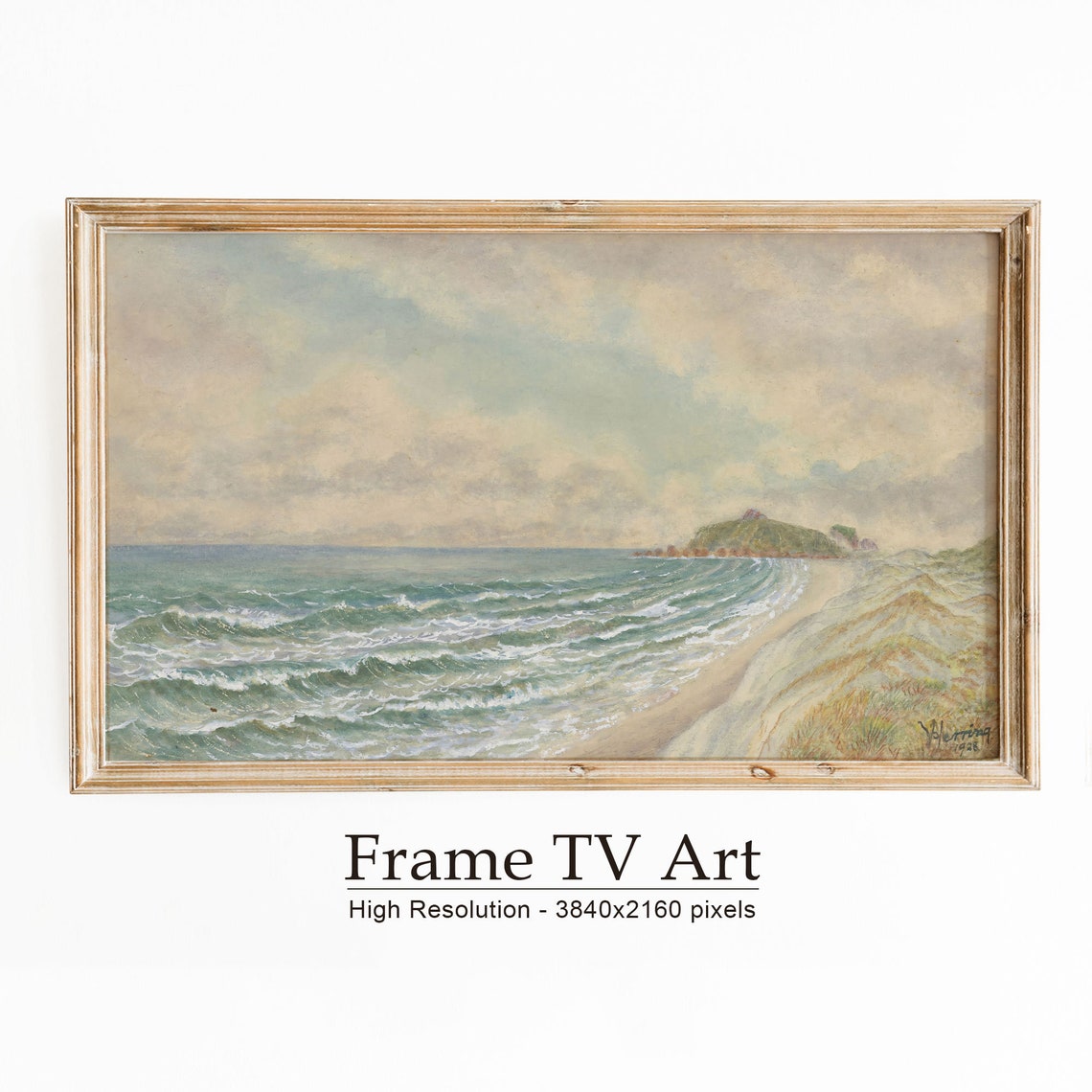 Rolling Ocean Waves Sandy Beach Green Headland Vintage Seascape Poster