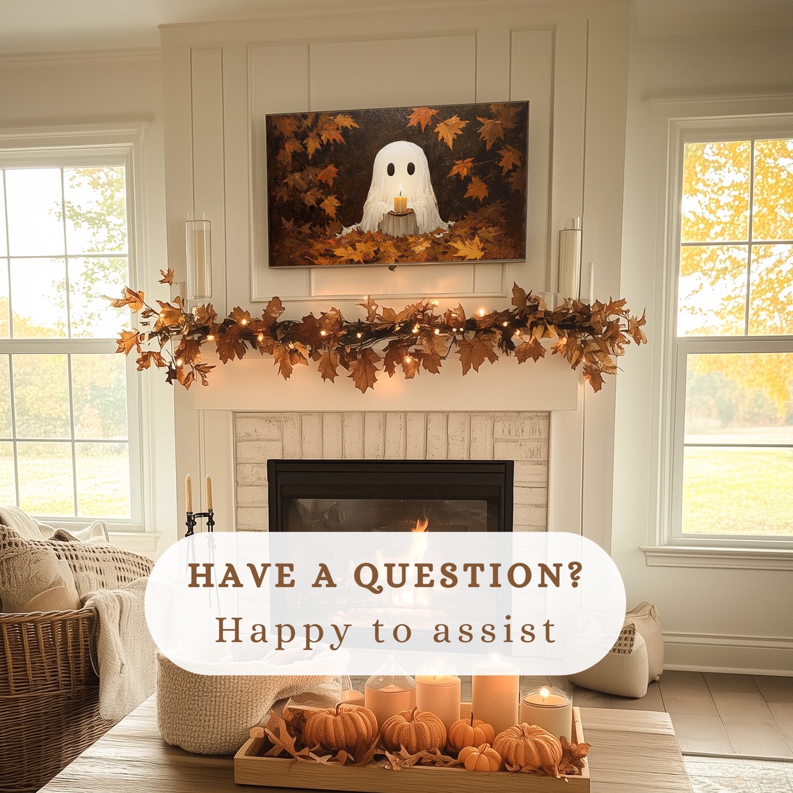Cute Ghost Candle Autumn Leaves Spooky Halloween Fall Poster - Image 4