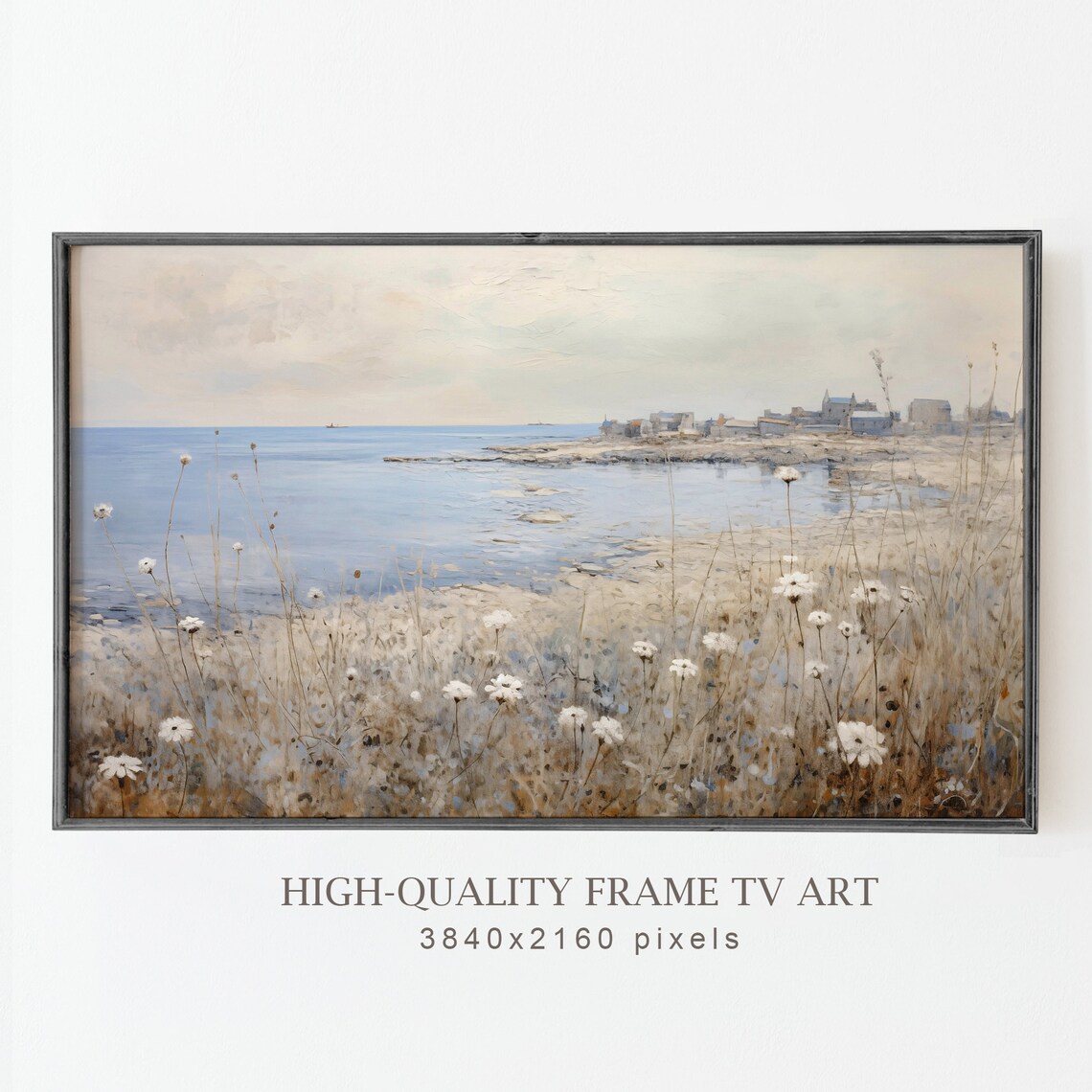 Wildflowers Above Quiet Coastal Shore Village Neutral Vintage Scenery Poster - Image 5