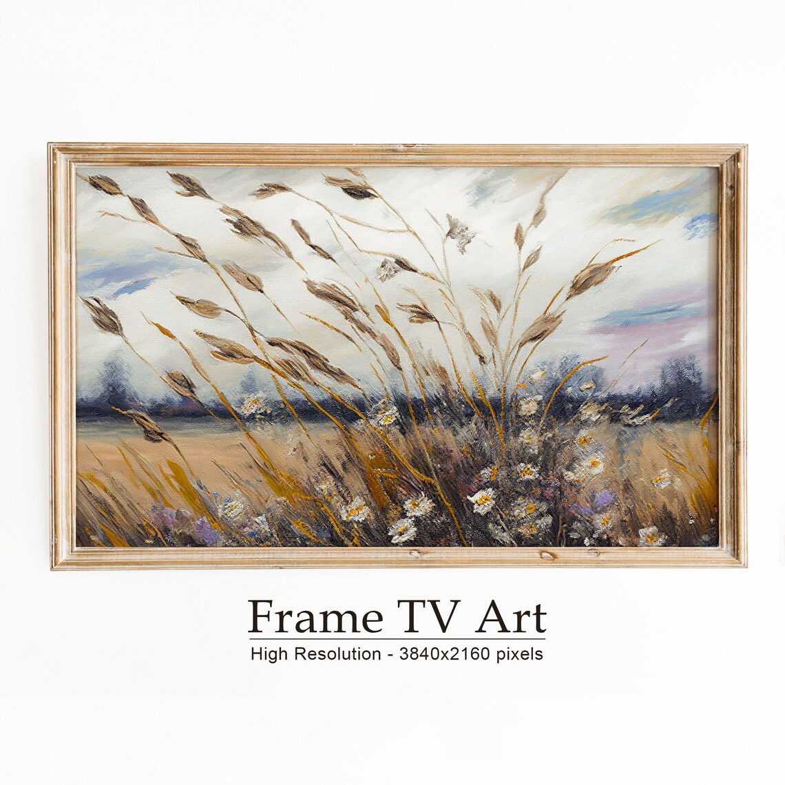 Windblown Golden Grasses White Wildflowers Pastel Sky Field Poster