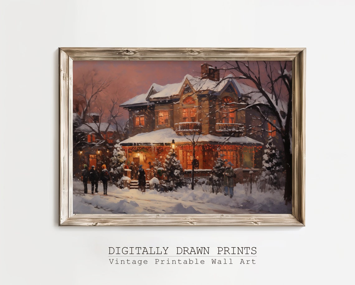 Moody Christmas Wall Art Winter Oil Painting Of Snowy Houses Holiday Wall Art Cottagecore Decor - Image 3
