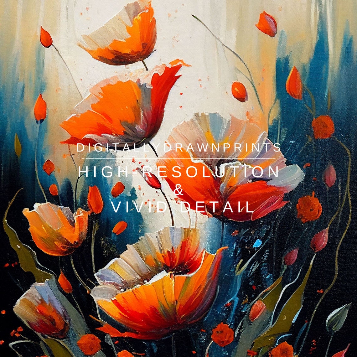 Orange Abstract Poppies Dark Teal Background Modern Floral Art Print - Image 2
