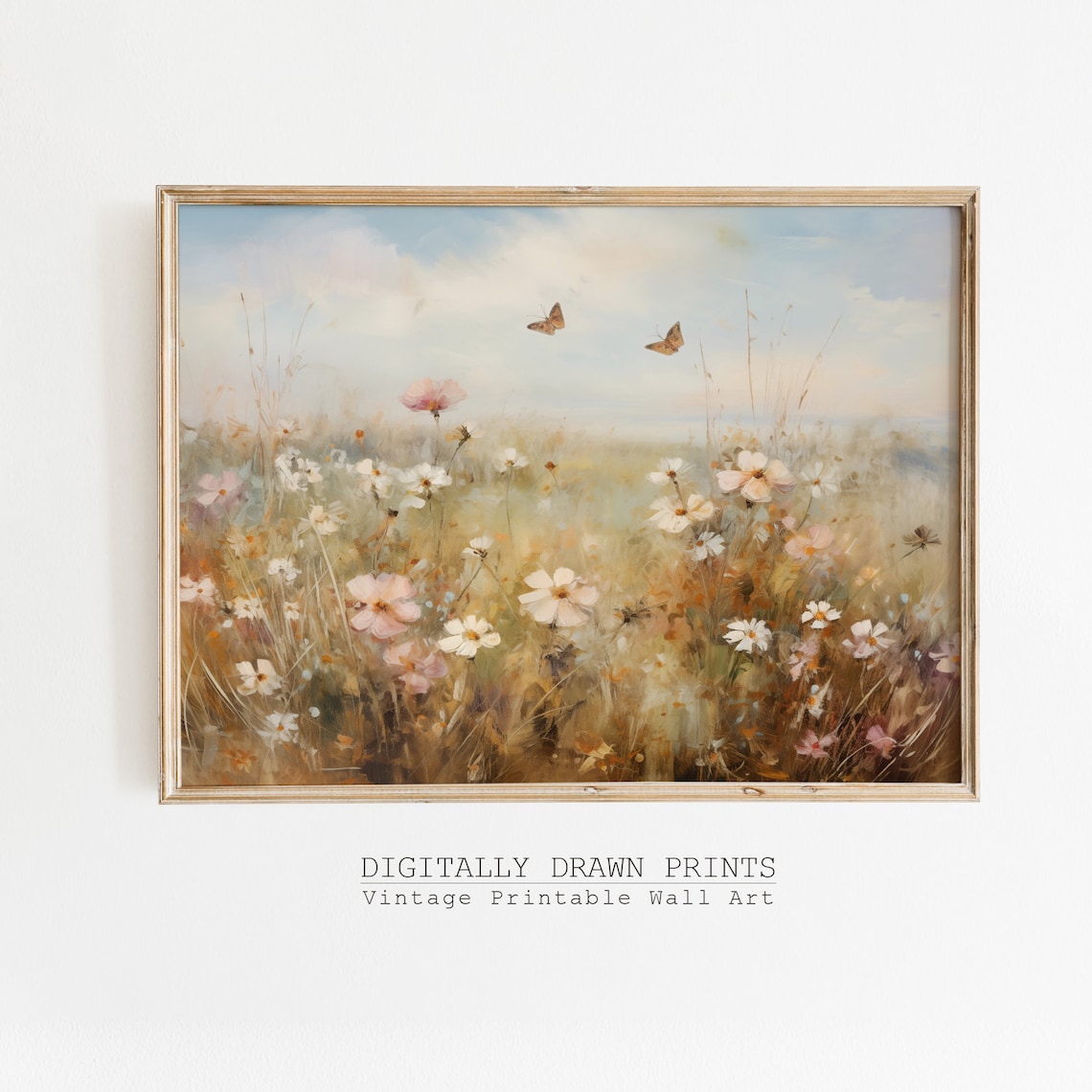 Wildflower Field Landscape Butterfly Vintage Art Print