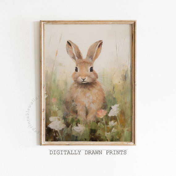 Vintage Easter Bunny Art Print, Wildflower Field