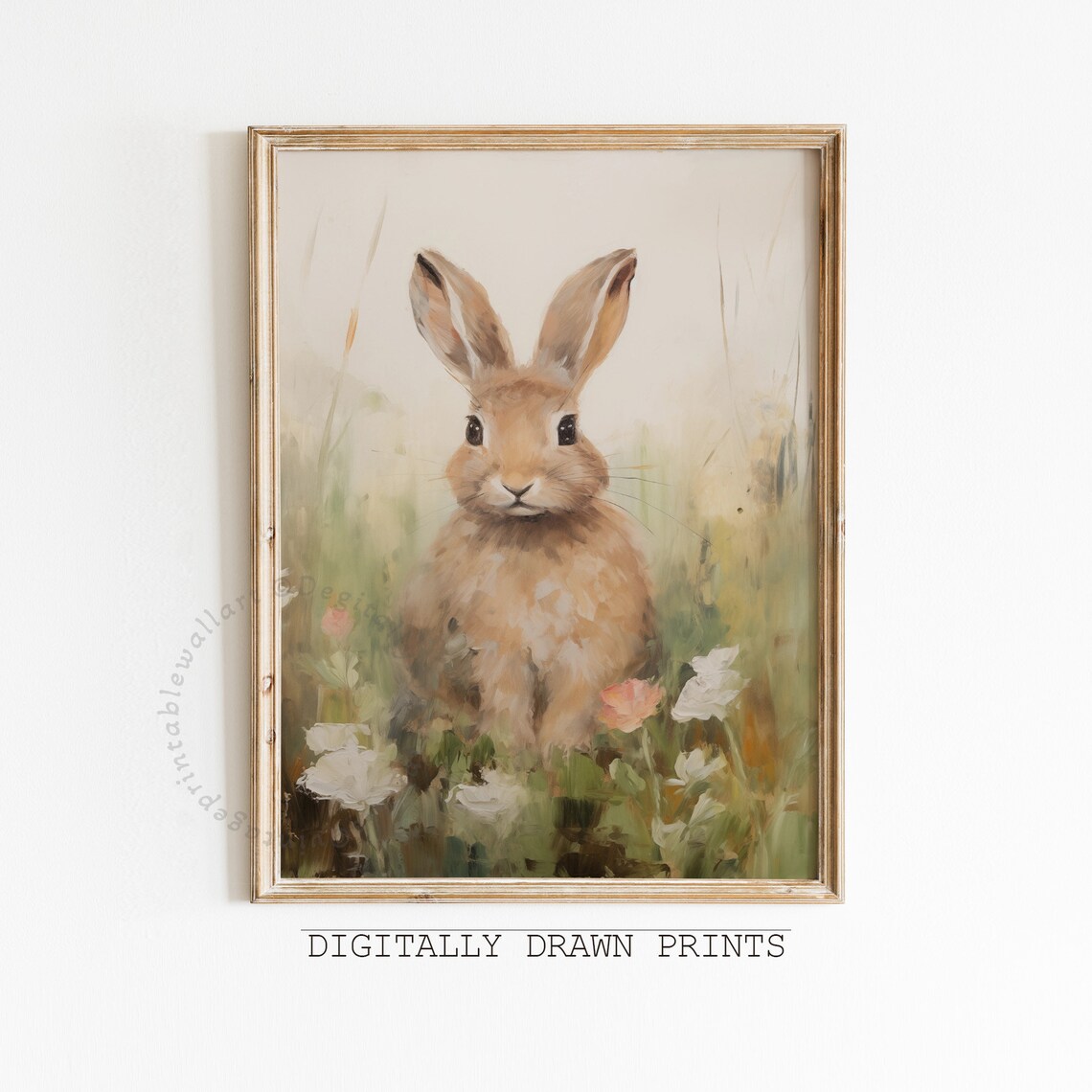 Vintage Easter Bunny Art Print, Wildflower Field