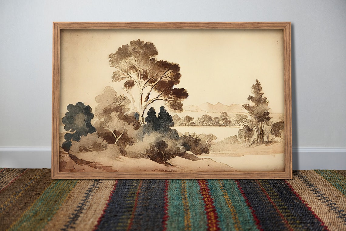 Antique Rustic Muted Landscape Painting Vintage Neutral Wall Art Art - Image 3