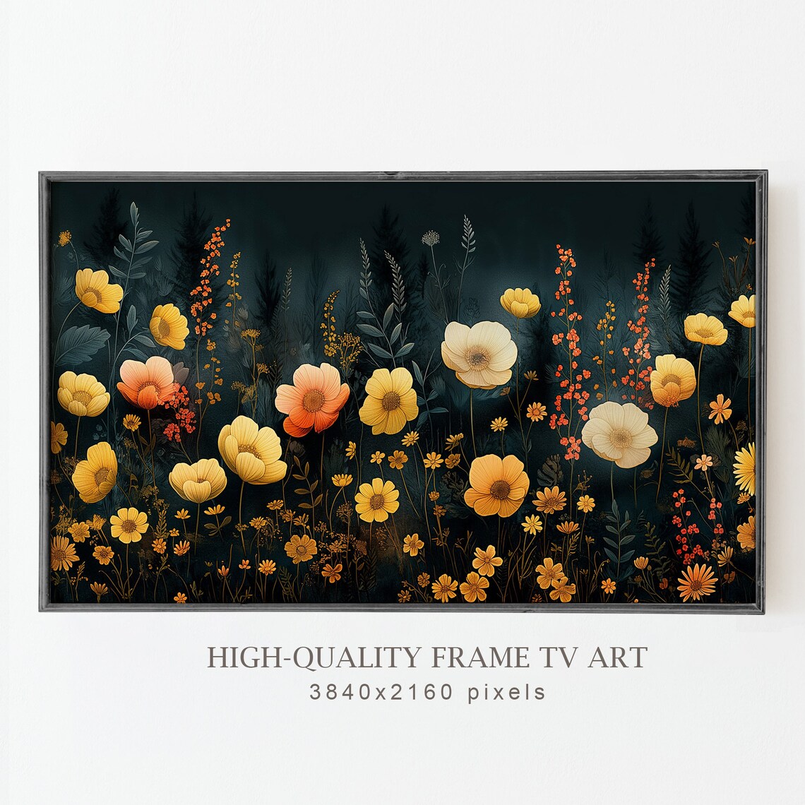 Dark Floral Field Yellow Poppies Night Garden Moody Botanical Poster - Image 3