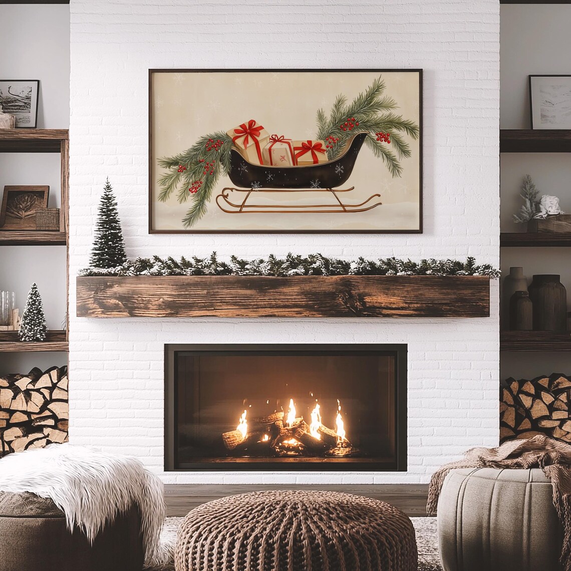 Neutral Christmas Sleigh Art Print, Vintage Farmhouse - Image 5