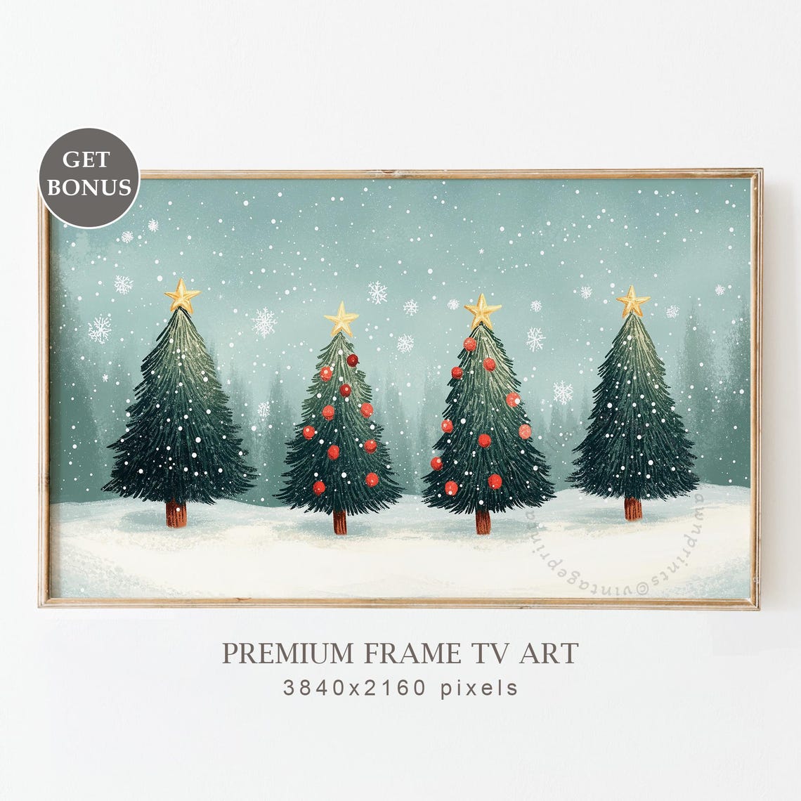 Decorated Christmas Trees Gold Star Teal Snowy Cozy Holiday Poster