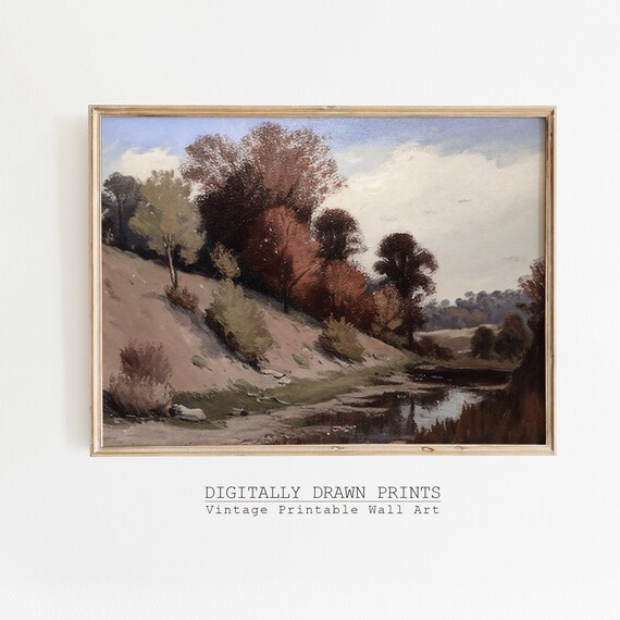 Vintage Autumn Landscape Rustling Red Trees Stream Fall Countryside Poster