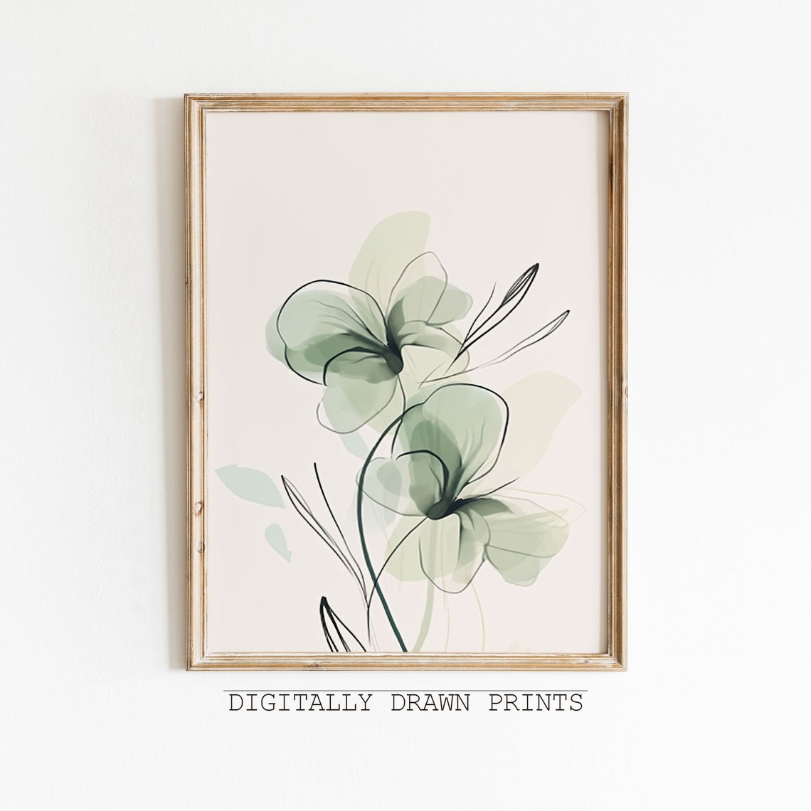 Pair of Sage Green Translucent Blooms Minimal Line Art Botanical Print