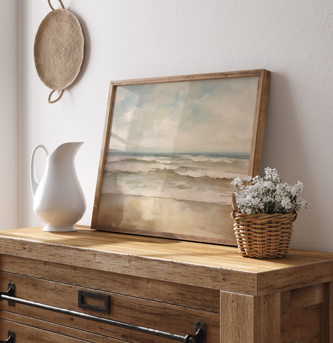 Neutral Beach Seascape Soft Waves Pale Sand Cloudy Sky Wall Art - Image 2