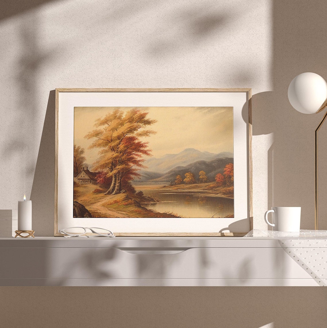 Golden Autumn River Valley Rustic Cabin Mountains Landscape Poster - Image 2