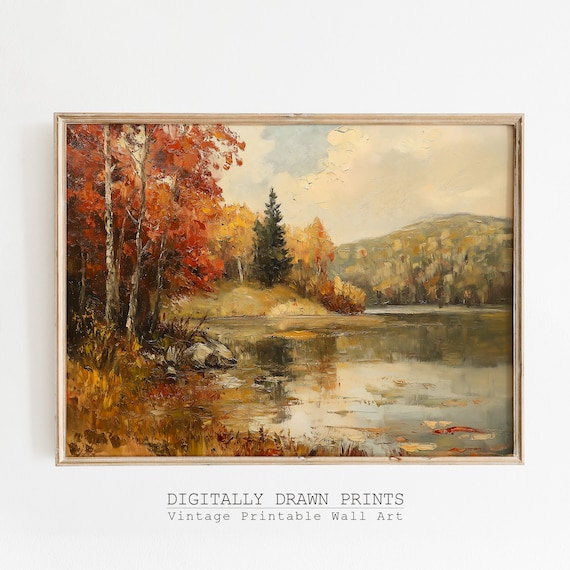 Rustic Fall Landscape Art Print, Vintage Countryside Decor