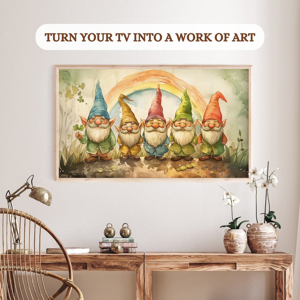 Five Cute Watercolor Gnomes Rainbow Hats St Patricks Day TV Poster - Image 2