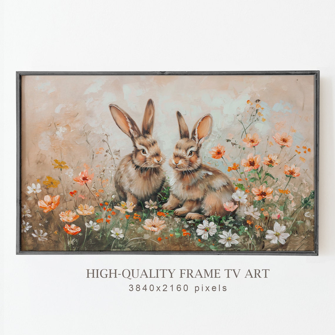 Two Rabbits in Blooming Wildflower Meadow Spring Bunny Art Print - Image 4