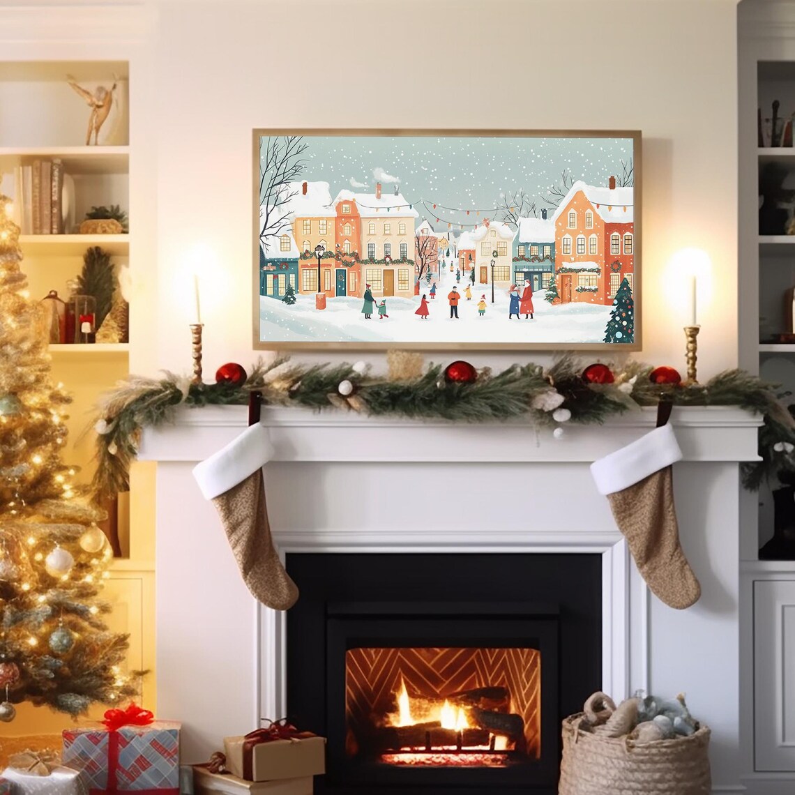 Snowy Village Frame Tv Art Cozy Neutral Christmas Landscape Tv Art Pink Christmas Farmhouse Decor Winter Holiday Art - Image 4