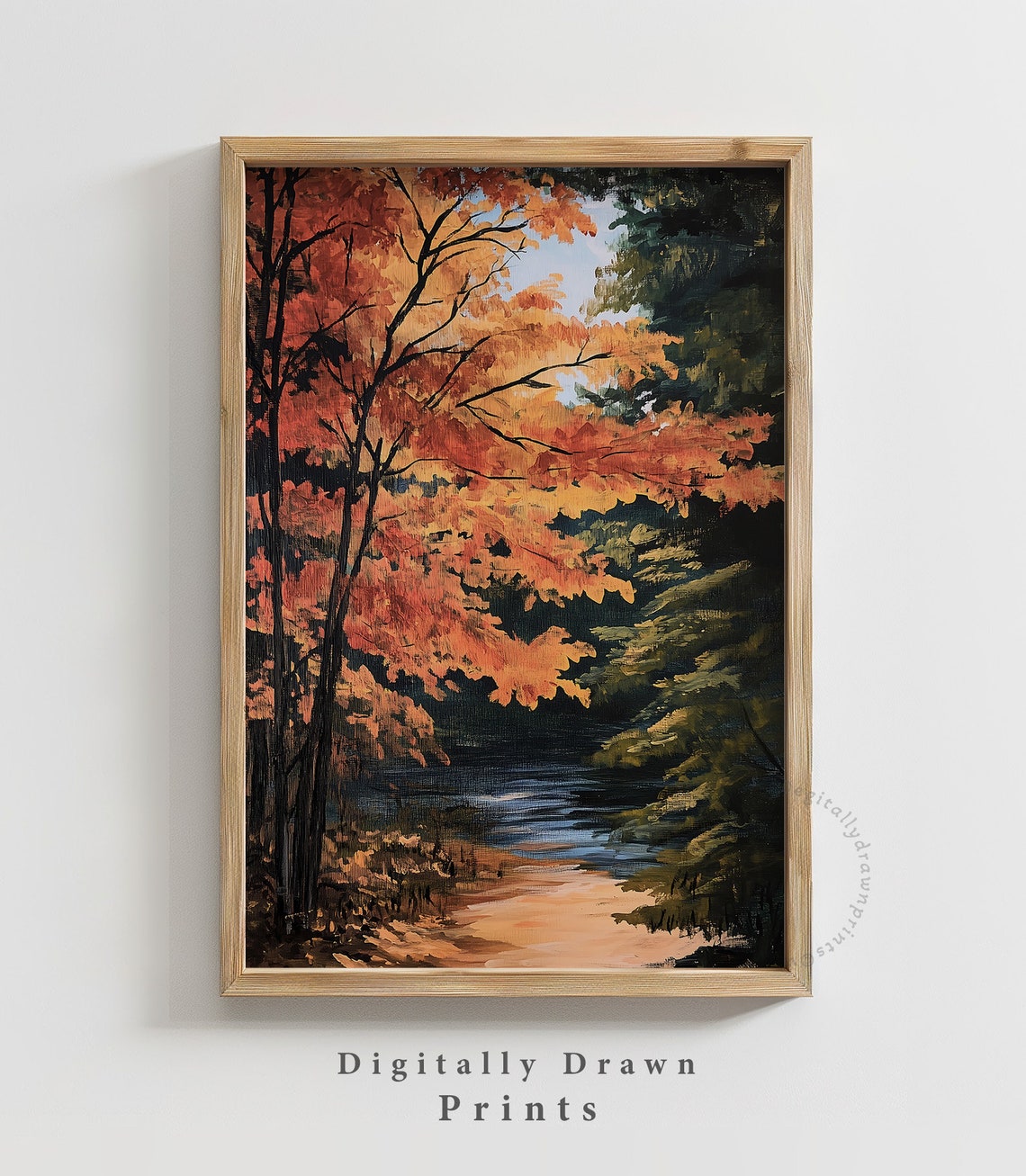 Fiery Autumn Tree Branches Over Dark Stream Rustic Painting Poster - Image 5