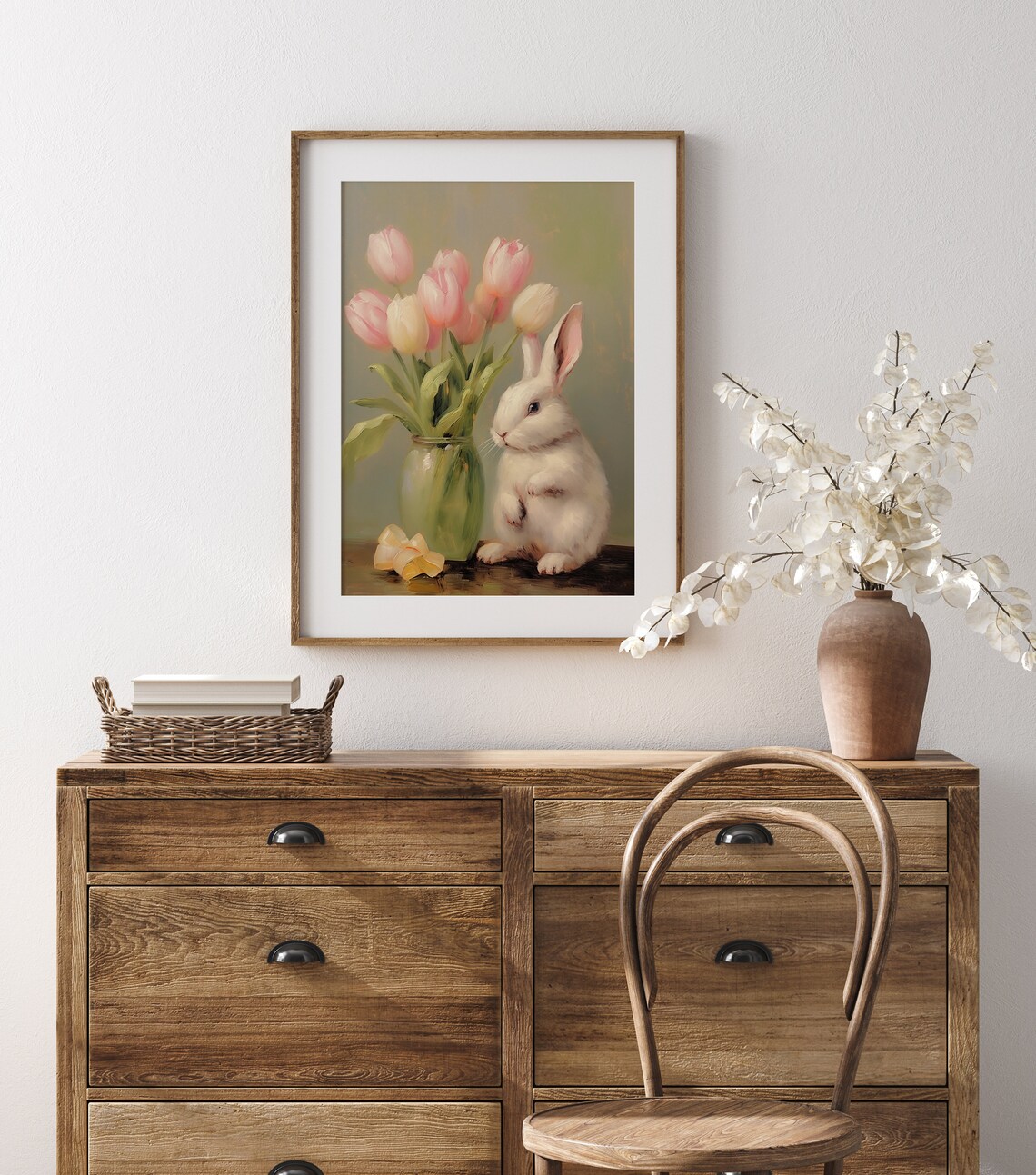 White Bunny Pastel Tulips Glass Vase Ribbon Vintage Spring Oil Print - Image 4