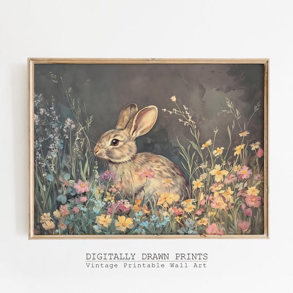 Dark Easter Bunny Wall Art Moody Wildflowers Rabbit Print Rustic Farmhouse Spring Decor Vintage Country