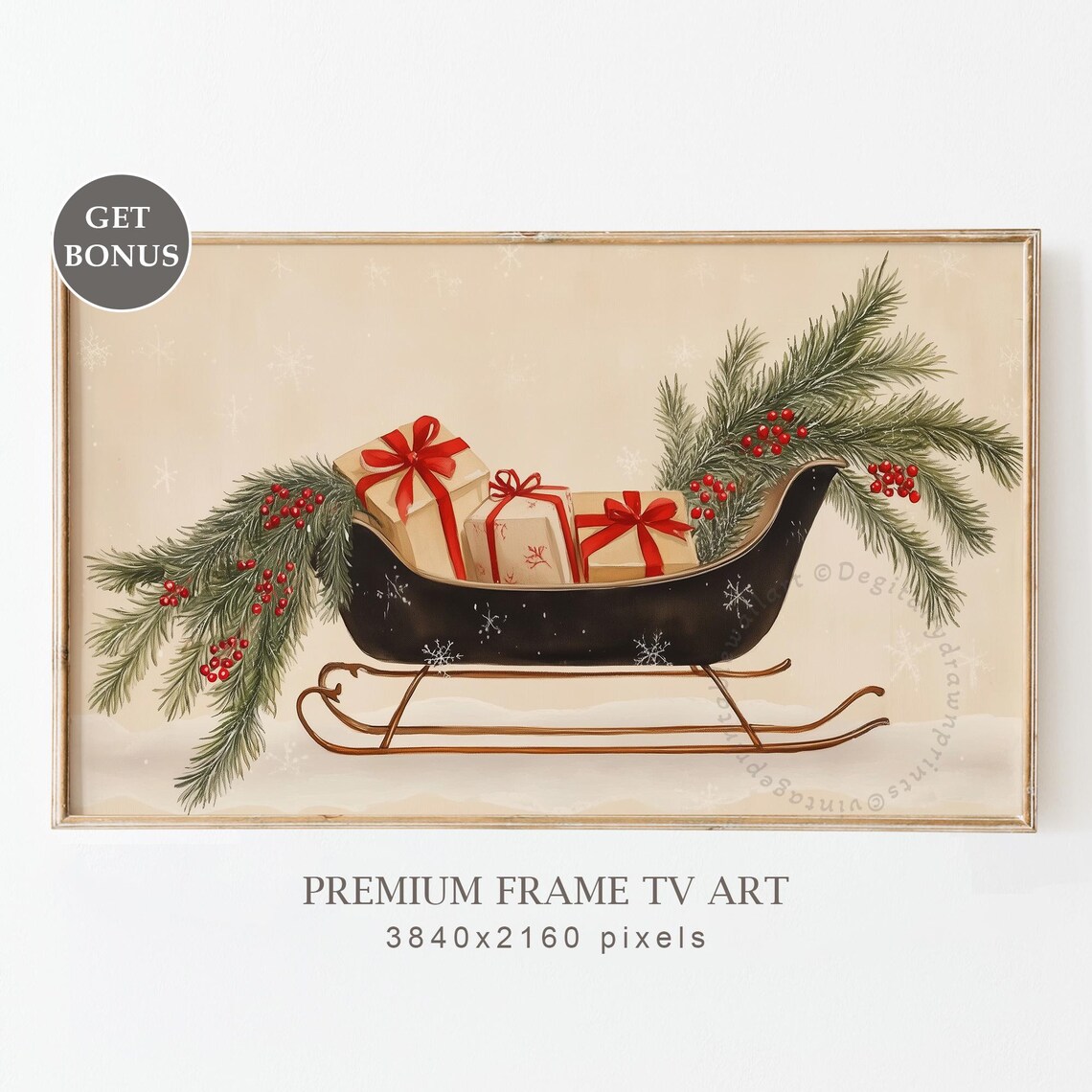 Neutral Christmas Sleigh Art Print, Vintage Farmhouse