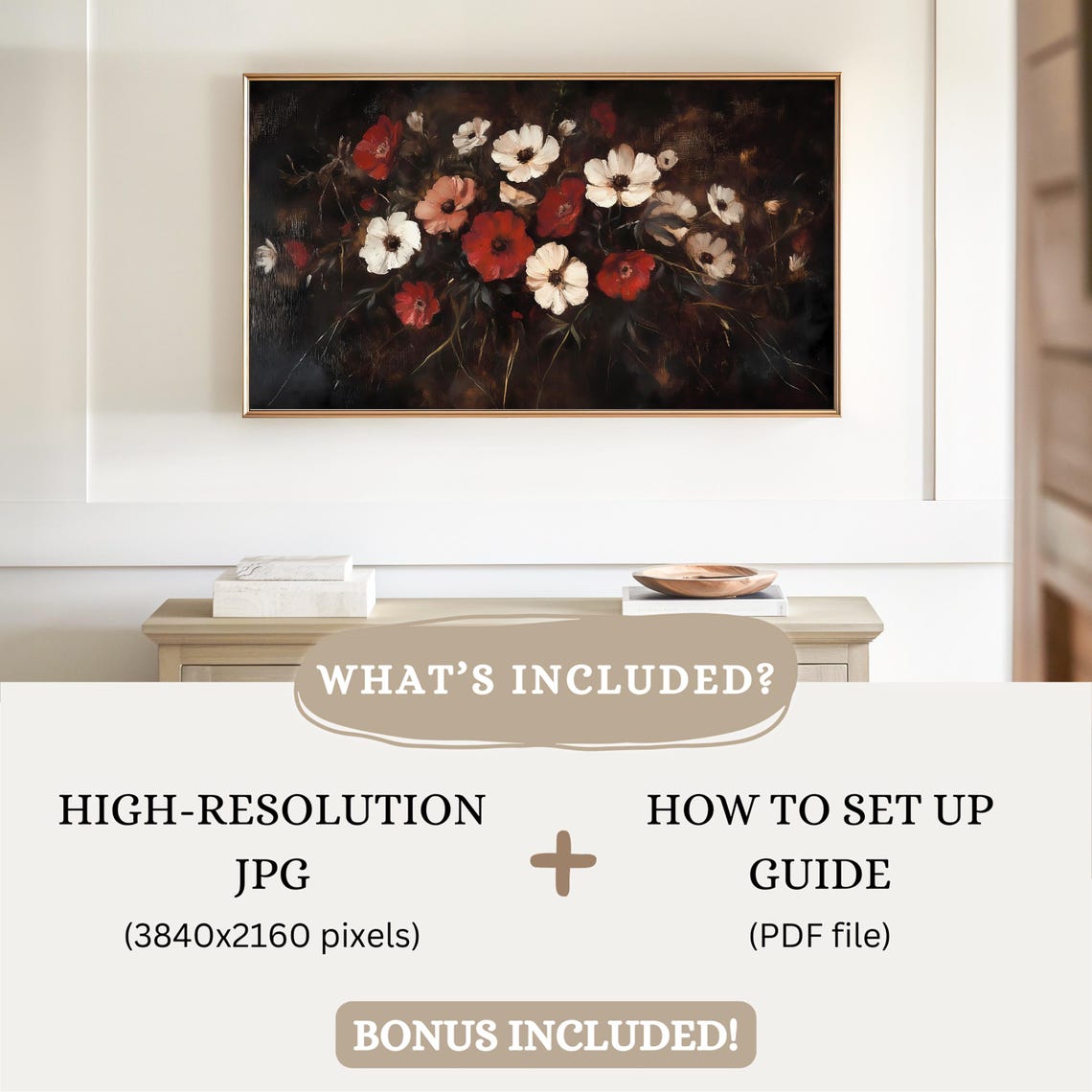 Dark Moody Red White Anemone Floral Still Life Vintage Poster - Image 2