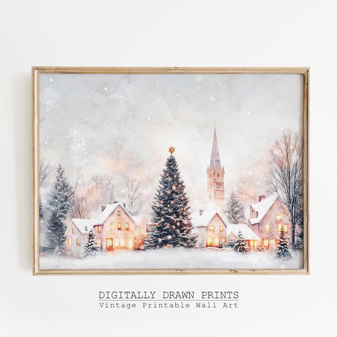 Neutral Christmas Village Art Print, Winter Church Scene