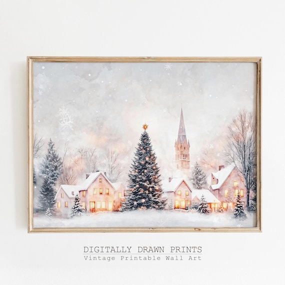 Neutral Christmas Village Art Print, Winter Church Scene