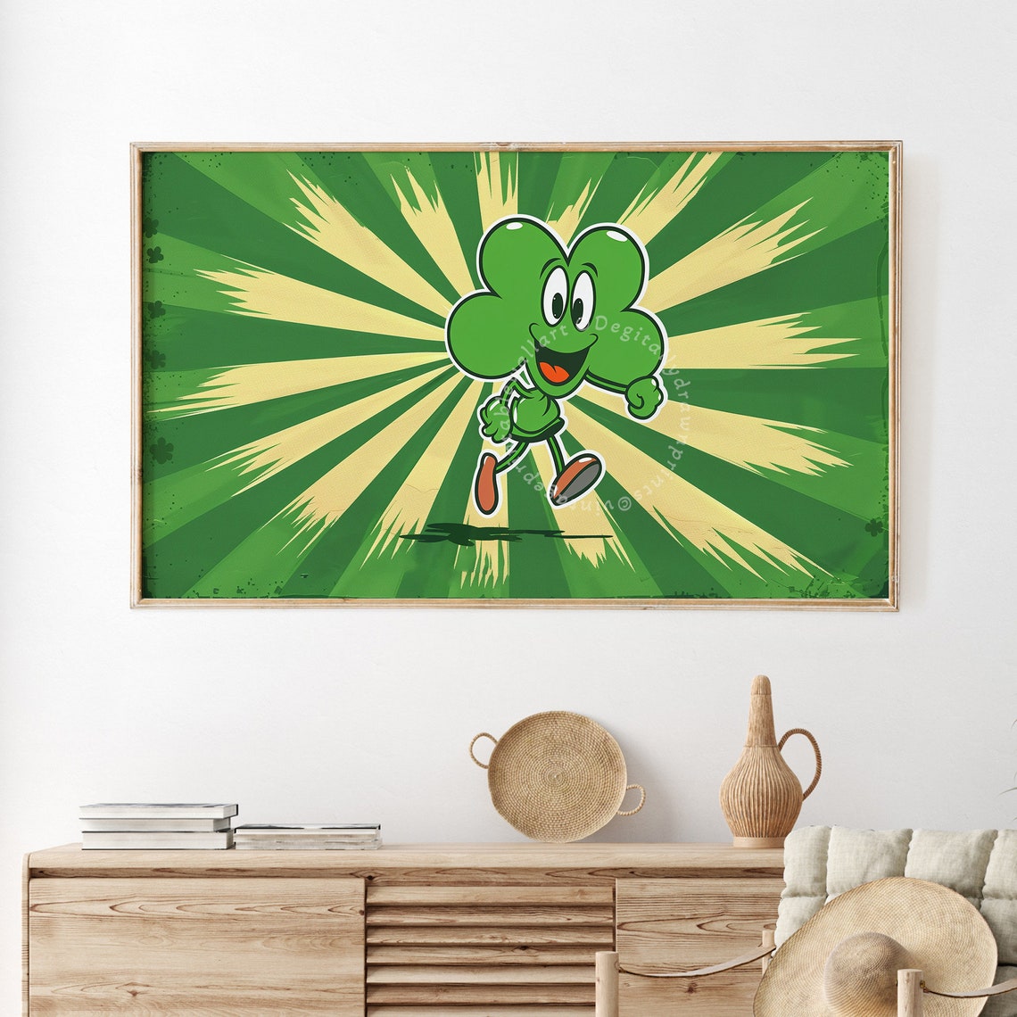 Retro Cartoon Shamrock Character Running Sunburst St Patricks Poster - Image 3