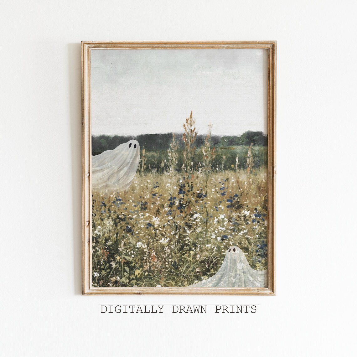 Cute Ghost On A Flower Meadow Vintage Art Print